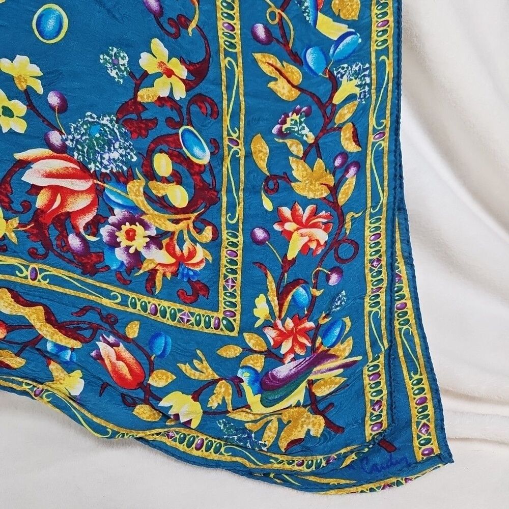 Sophistcated Teal Blue, Gold, Red Square Floral‎ Bordered Silk Scarf 31" x 31" - Picture 3 of 6